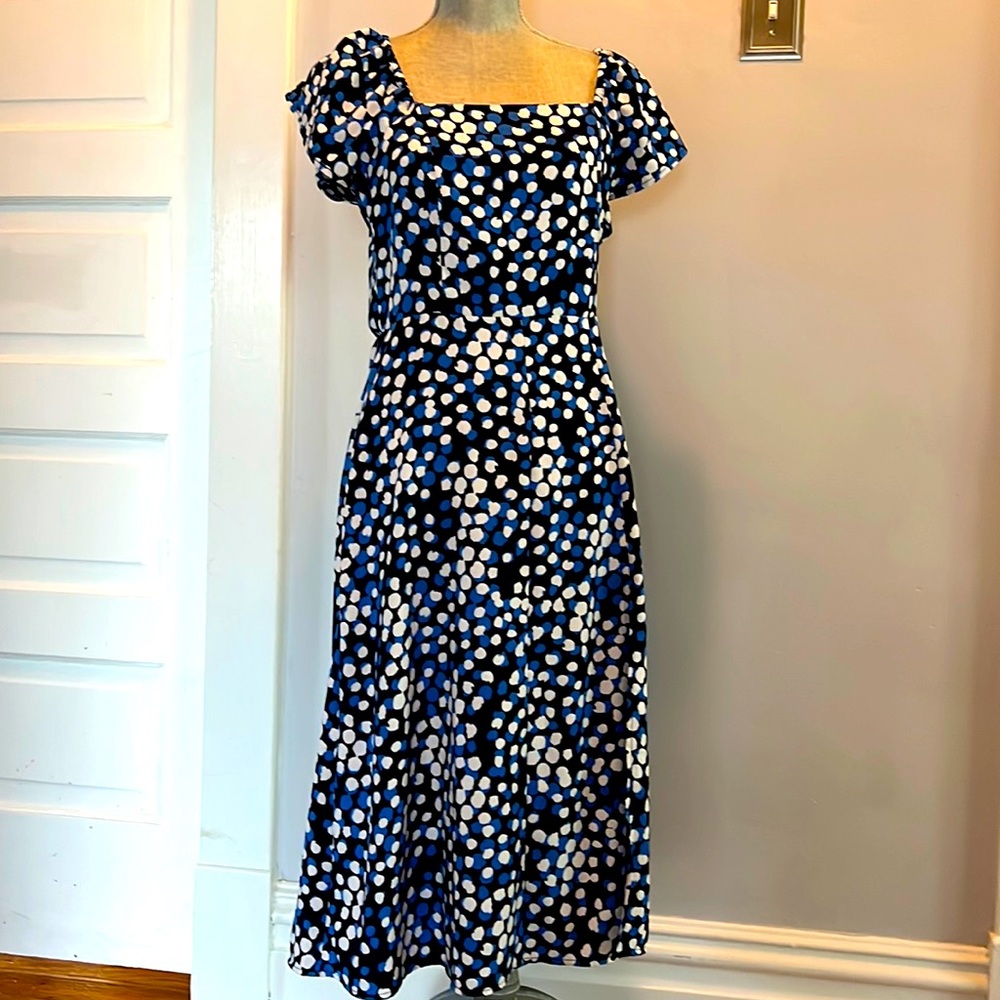 Abound dress, blue and white polka dots, navy base. Size M
